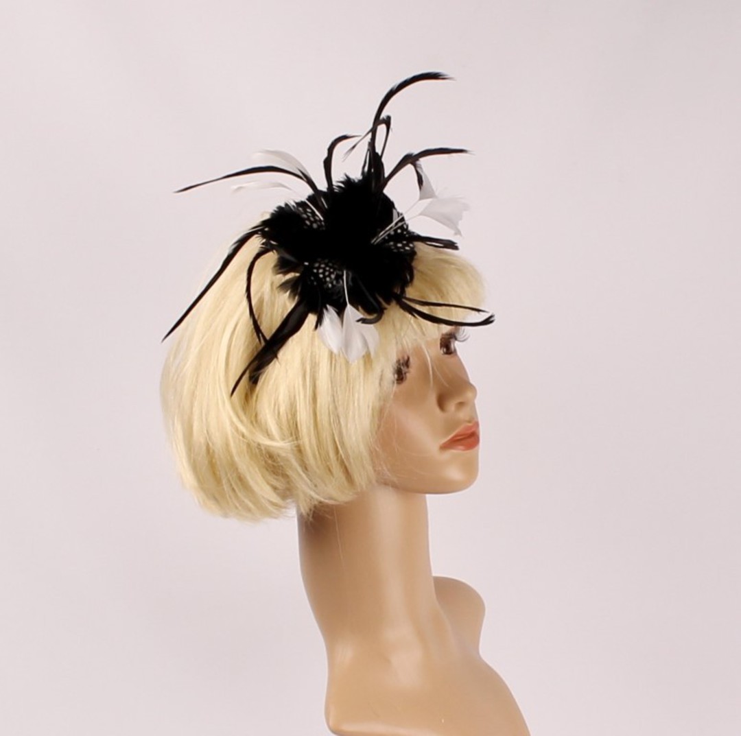  Head band feather  fascinator  black w white contrast STYLE: HS/4678 /BLK image 0